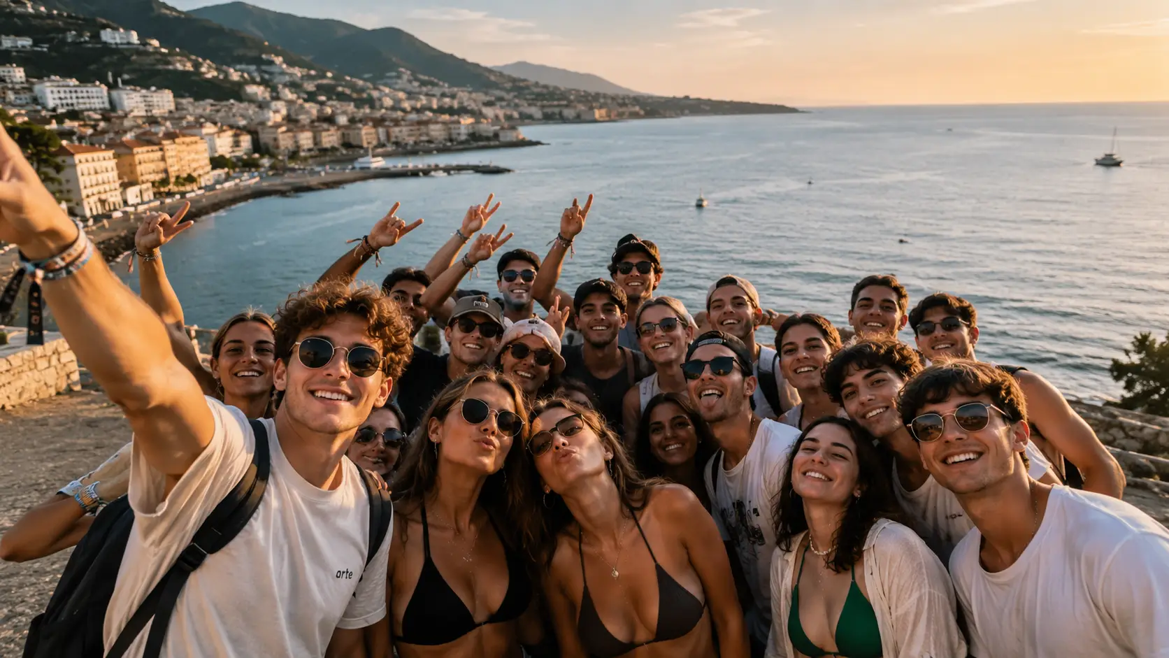Groupe d’étudiants en voyage de fin d’études au bord de la mer au coucher du soleil, ambiance festive et conviviale.